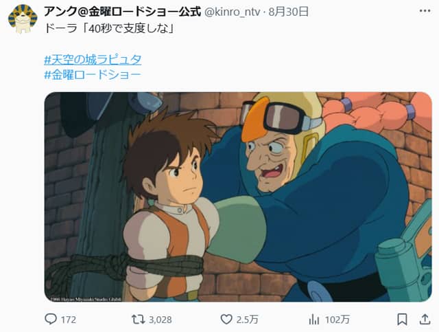 ドーラ「40秒で支度しな」（天空の城ラピュタ）